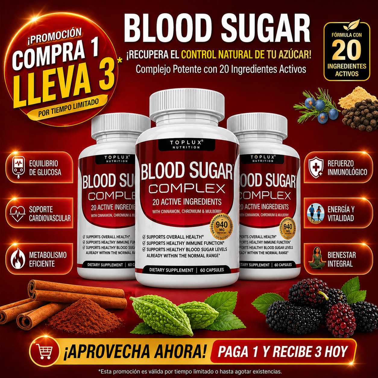 OFERTA 3X1 - Blood Sugar Suplemento | Apoya niveles saludables de azúcar en sangre