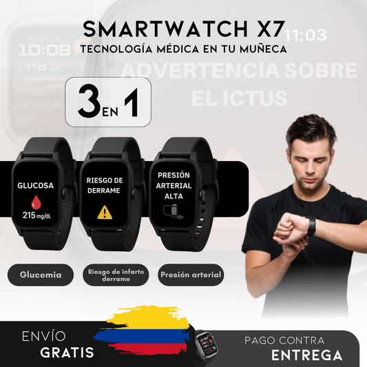 SmartWatch X7 | Monitor Médico 3 en 1 (Glucosa, Presión, Riesgo de ACV) | Menú en español